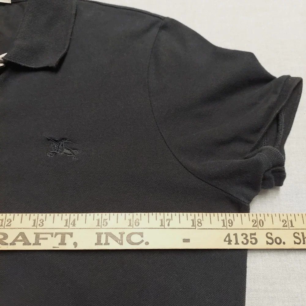 Burberry Brit Women L Black Pique Polo Shirt Nova Check Placket Equestrian Logo - Picture 12 of 14